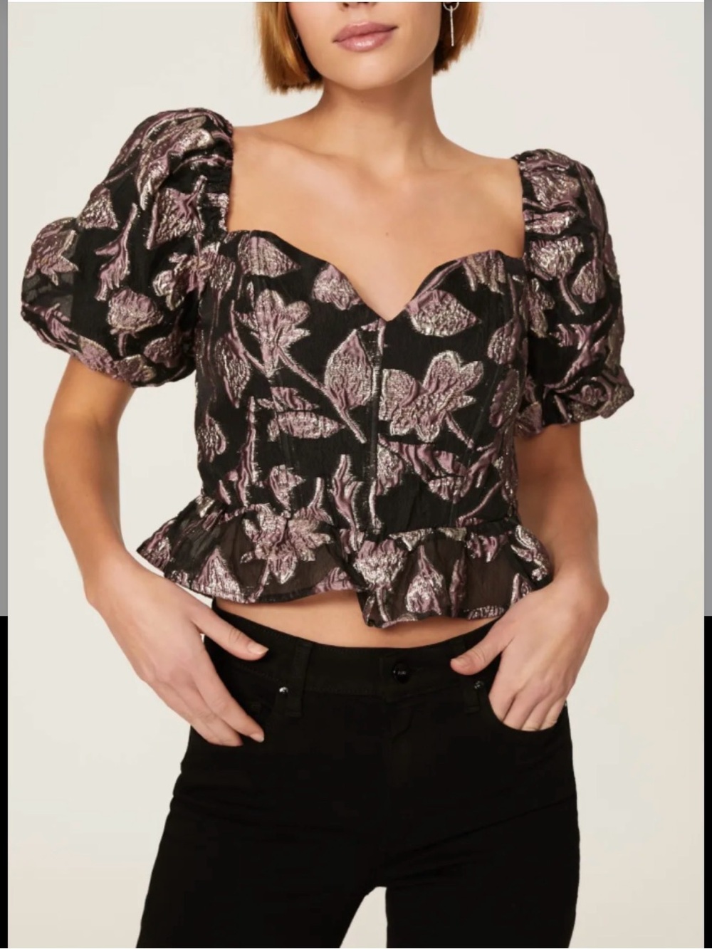 ASTR The Label Sidney Top Metallic Floral Puff-Sleeve Corset Top